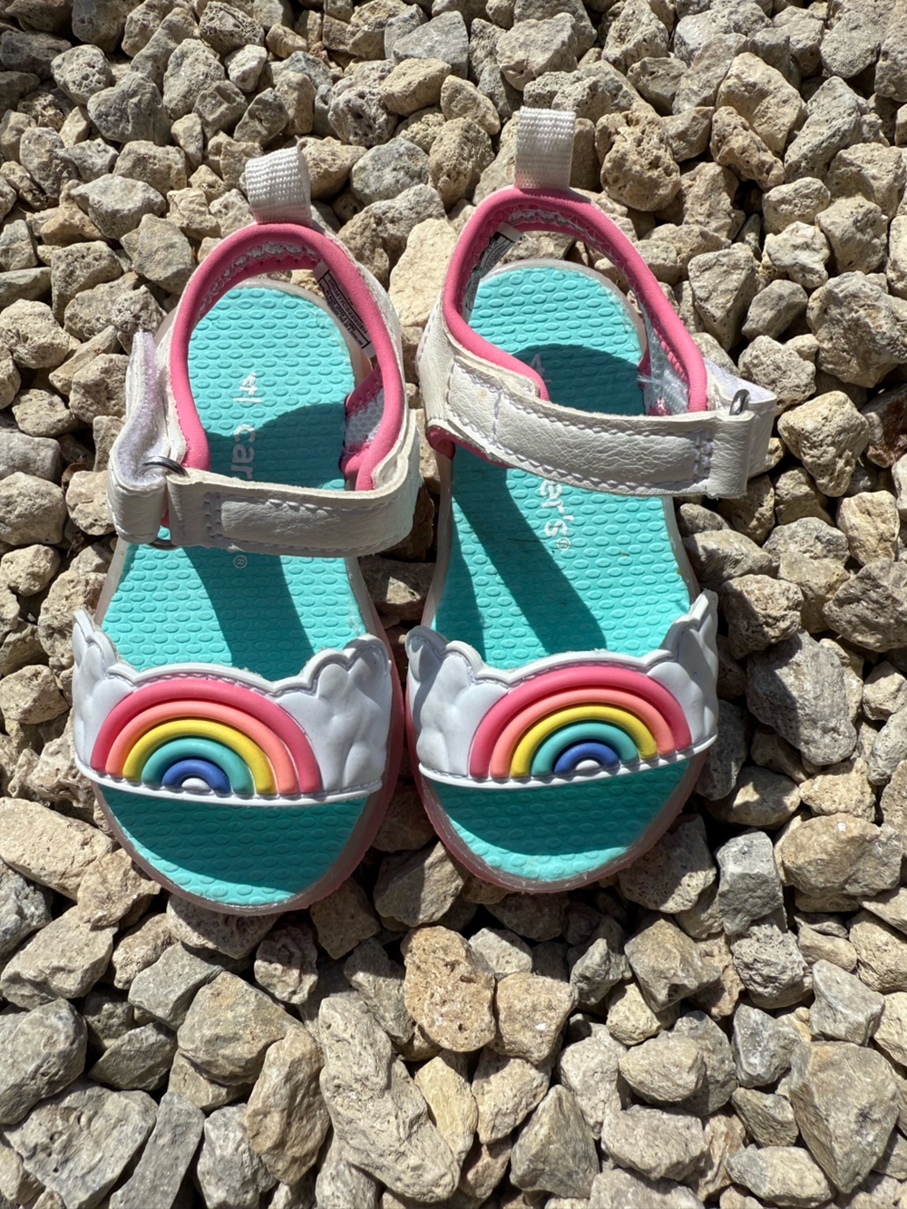 Carter's White Sandals with Rainbow Accent and Aqua Footbed